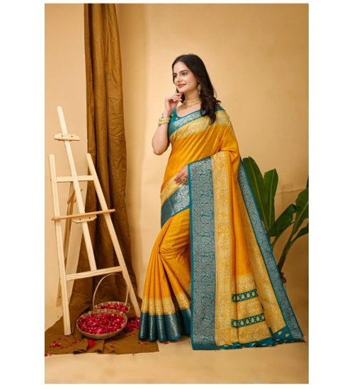 Generic Women's Soft Dola Cotton Kalamkari Printed Saree With Unstitched Blouse 5.5Mtr (Yellow)