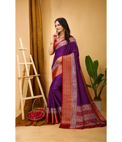 Generic Women's Soft Dola Cotton Kalamkari Printed Saree With Unstitched Blouse 5.5Mtr (Purple)