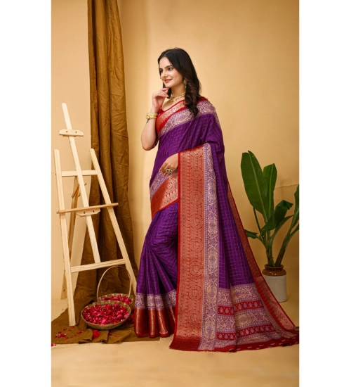 Generic Women's Soft Dola Cotton Kalamkari Printed Saree With Unstitched Blouse 5.5Mtr (Purple)