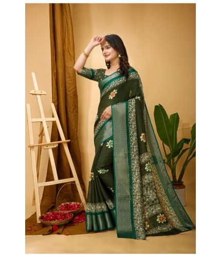 Generic Women's Soft Blooming Marshmallow Fabric Kalamkari Printed Saree With Unstitched Blouse 5.5Mtr (Green)