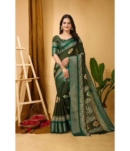 Generic Women's Soft Blooming Marshmallow Fabric Kalamkari Printed Saree With Unstitched Blouse 5.5Mtr (Green)