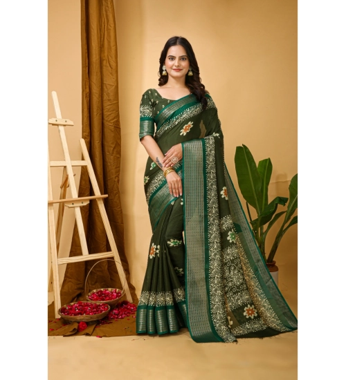 Generic Women's Soft Blooming Marshmallow Fabric Kalamkari Printed Saree With Unstitched Blouse 5.5Mtr (Green)