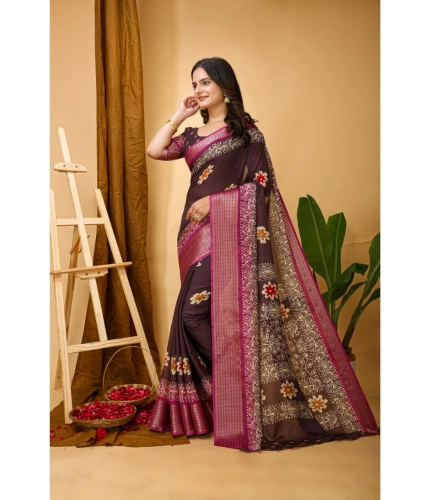 Generic Women's Soft Blooming Marshmallow Fabric Kalamkari Printed Saree With Unstitched Blouse 5.5Mtr (Maroon)