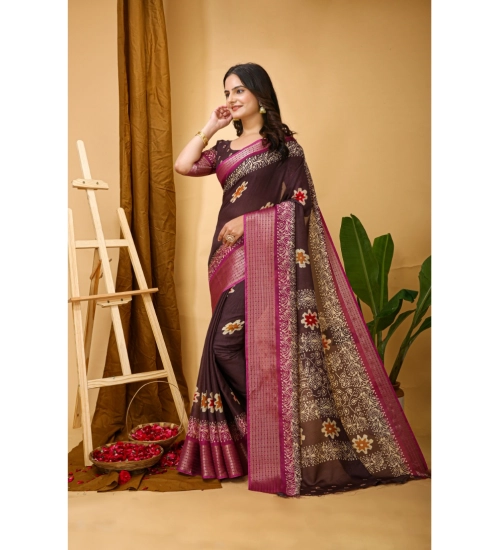 Generic Women's Soft Blooming Marshmallow Fabric Kalamkari Printed Saree With Unstitched Blouse 5.5Mtr (Maroon)