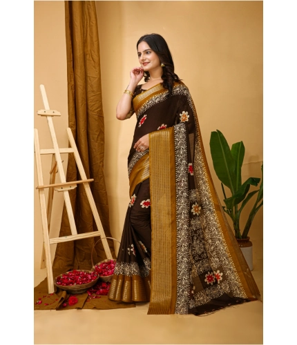 Generic Women's Soft Blooming Marshmallow Fabric Kalamkari Printed Saree With Unstitched Blouse 5.5Mtr (Brown)