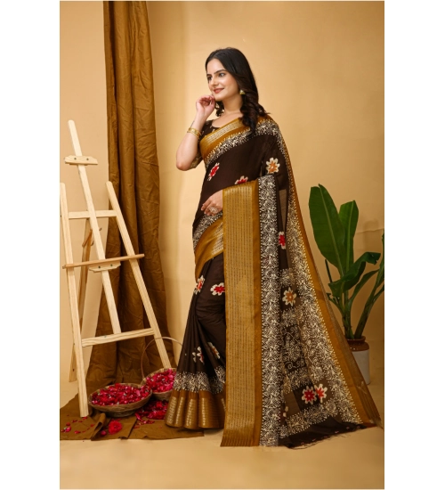 Generic Women's Soft Blooming Marshmallow Fabric Kalamkari Printed Saree With Unstitched Blouse 5.5Mtr (Brown)