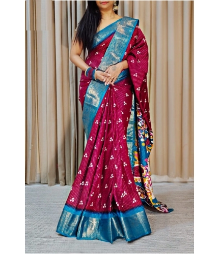 Generic Women's Soft Dola Cotton Kalamkari Printed Saree With Unstitched Blouse 5.5Mtr (Wine)