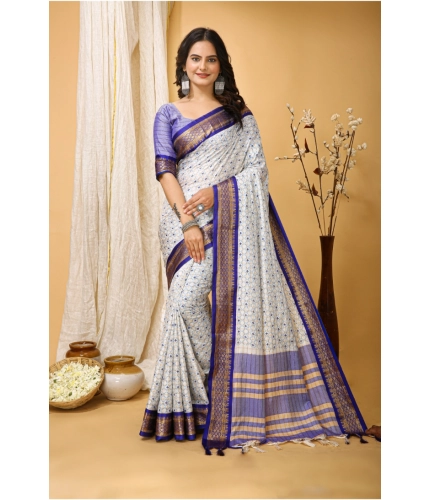 Generic Women's Soft Cotton Silk Printed Saree With Unstitched Blouse 5.5Mtr (Purple)