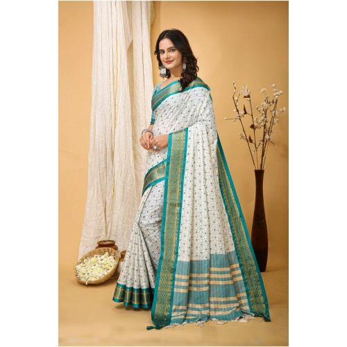 Women's Soft Cotton Silk Printed Saree With Unstitched Blouse 5.5Mtr (Rama Green) Women's Soft Cotton Silk Printed Saree With Unstitched Blouse 5.5Mtr (Rama Green)