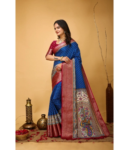 Generic Women's Soft Dola Cotton Kalamkari Printed Saree With Unstitched Blouse 5.5Mtr (Blue)