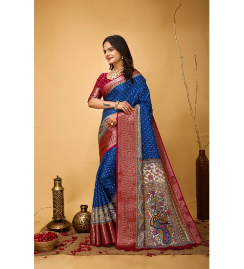 Generic Women's Soft Dola Cotton Kalamkari Printed Saree With Unstitched Blouse 5.5Mtr (Blue)