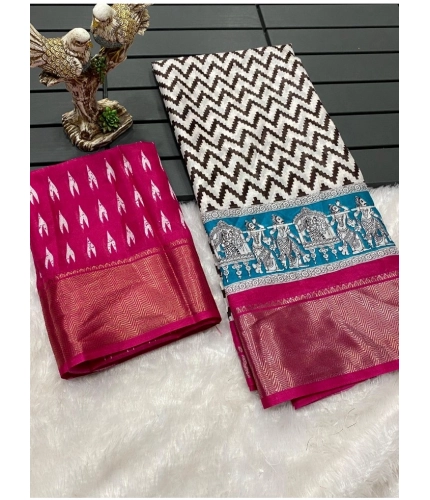 Generic Women's Soft Dola Cotton Kalamkari Printed Saree With Unstitched Blouse 5.5Mtr (Pink)