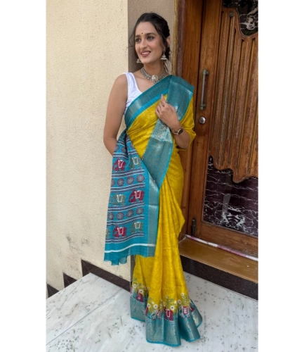 Generic Women's Soft Dola Cotton Kalamkari Printed Saree With Unstitched Blouse 5.5Mtr (Mustard)