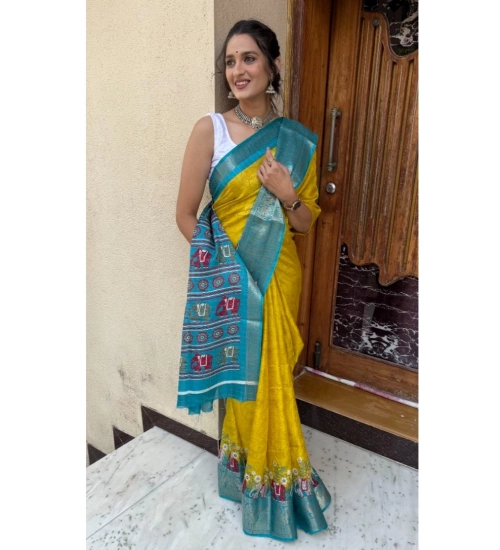 Generic Women's Soft Dola Cotton Kalamkari Printed Saree With Unstitched Blouse 5.5Mtr (Mustard)