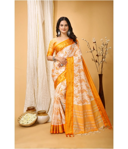 Generic Women's Soft Cotton Silk Printed Saree With Unstitched Blouse 5.5Mtr (Yellow)