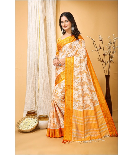 Generic Women's Soft Cotton Silk Printed Saree With Unstitched Blouse 5.5Mtr (Yellow)