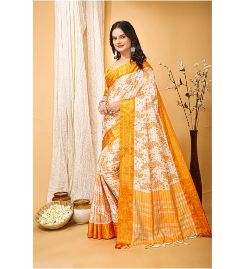 Generic Women's Soft Cotton Silk Printed Saree With Unstitched Blouse 5.5Mtr (Yellow)