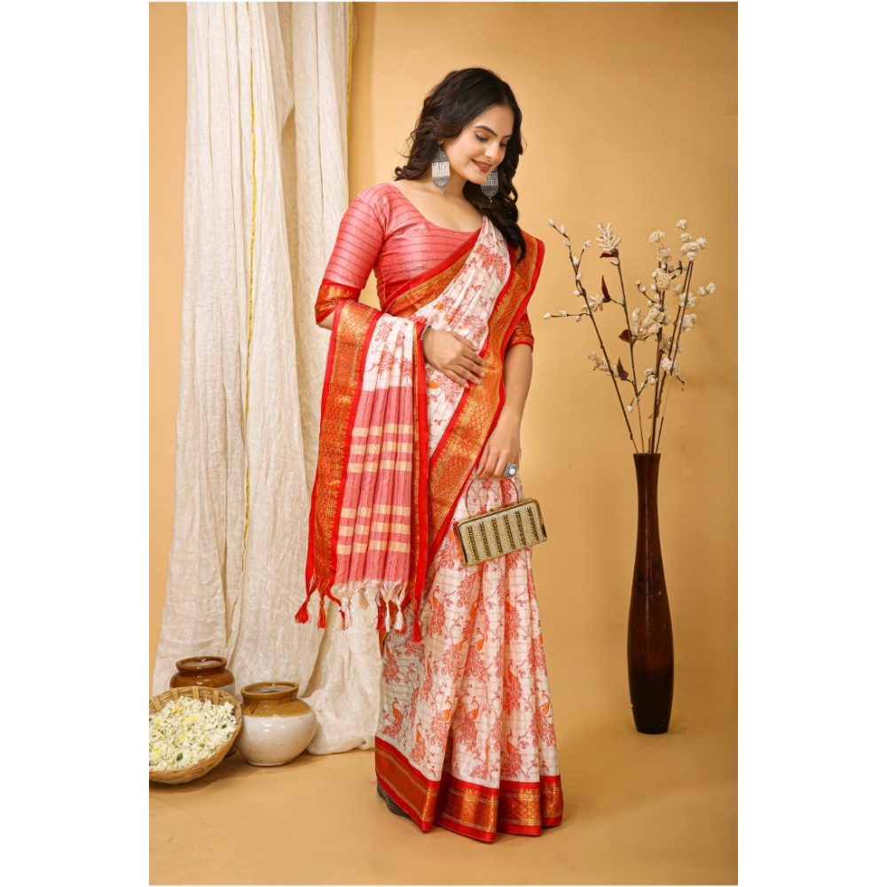 Generic Women's Soft Cotton Silk Printed Saree With Unstitched Blouse 5.5Mtr (Red) Generic Women's Soft Cotton Silk Printed Saree With Unstitched Blouse 5.5Mtr (Red)
