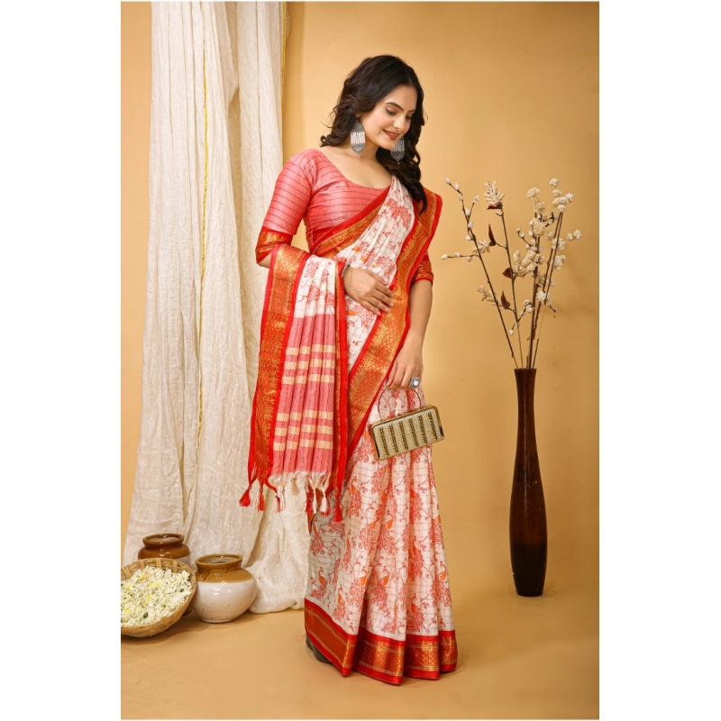 Women's Soft Cotton Silk Printed Saree With Unstitched Blouse 5.5Mtr (Red)
