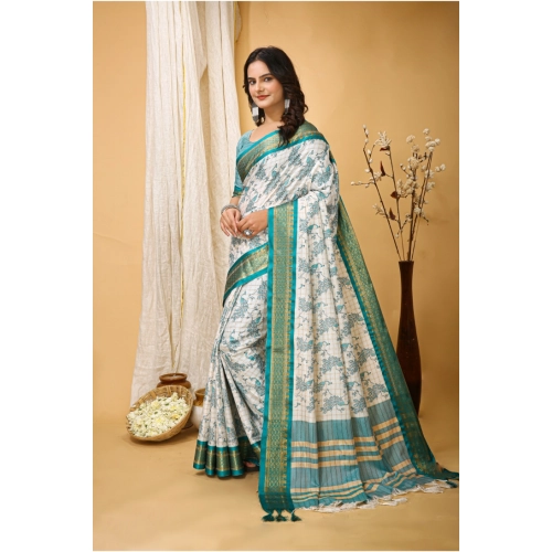 Women's Soft Cotton Silk Printed Saree With Unstitched Blouse 5.5Mtr (Turquoise) Women's Soft Cotton Silk Printed Saree With Unstitched Blouse 5.5Mtr (Turquoise)