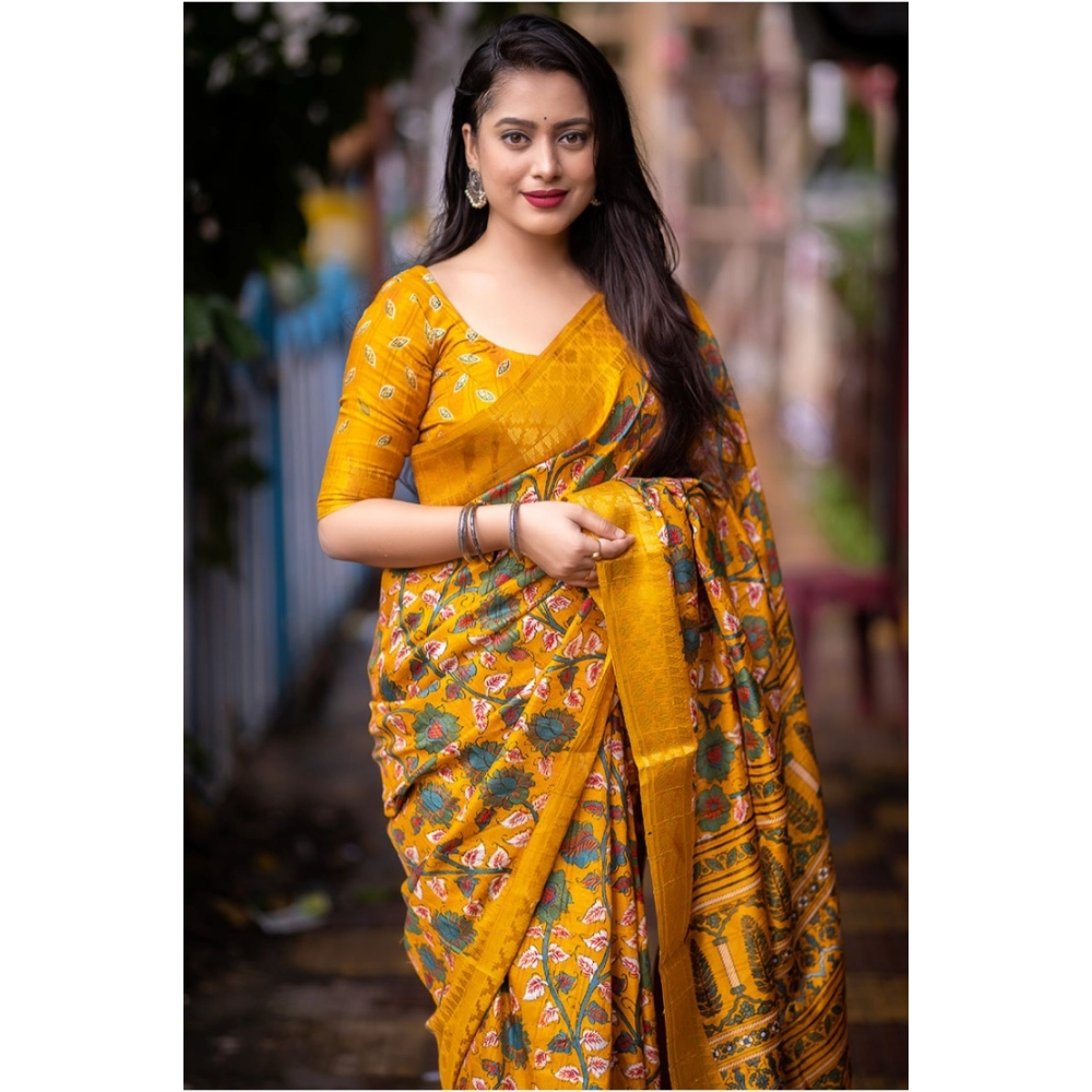 Generic Women's Soft Dola Cotton Kalamkari Printed Saree With Unstitched Blouse 5.5Mtr (Yellow) Generic Women's Soft Dola Cotton Kalamkari Printed Saree With Unstitched Blouse 5.5Mtr (Yellow)