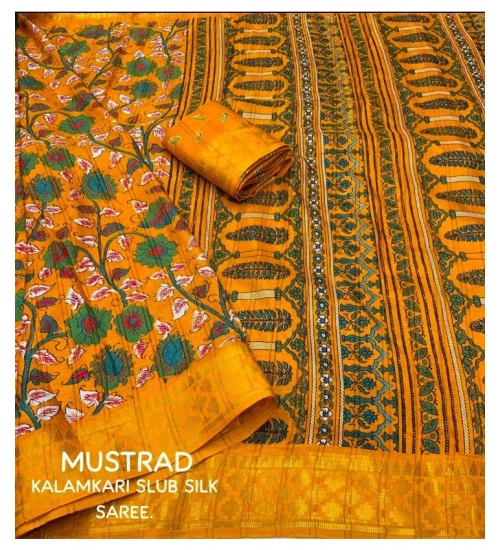 Generic Women's Soft Dola Cotton Kalamkari Printed Saree With Unstitched Blouse 5.5Mtr (Yellow)