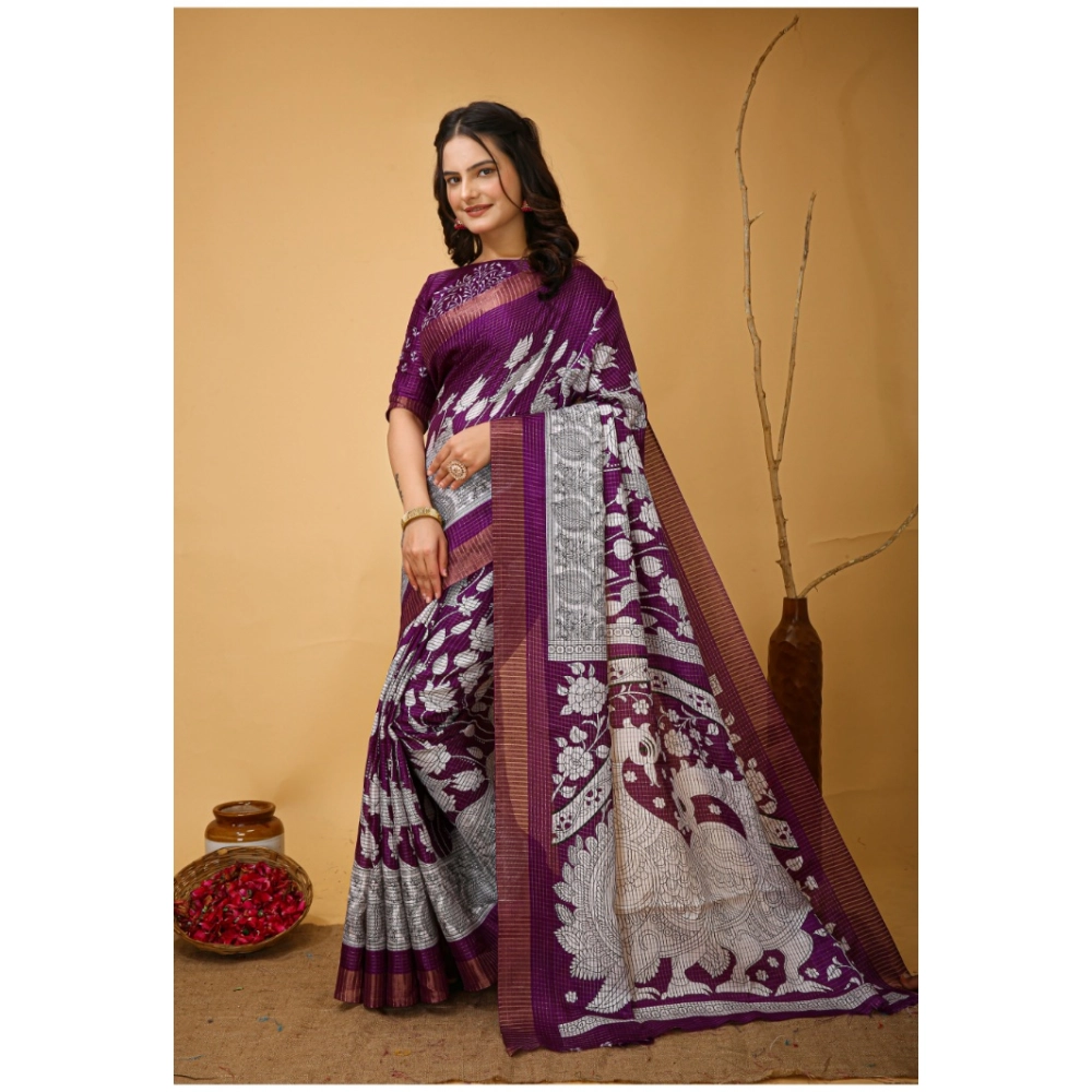 Generic Women's Soft Handloom Cotton Kalamkari Printed Saree With Unstitched Blouse 5.5Mtr (Purple) Generic Women's Soft Handloom Cotton Kalamkari Printed Saree With Unstitched Blouse 5.5Mtr (Purple)