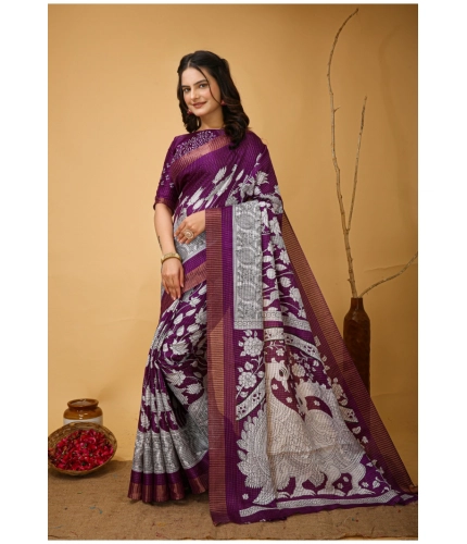 Generic Women's Soft Handloom Cotton Kalamkari Printed Saree With Unstitched Blouse 5.5Mtr (Purple)