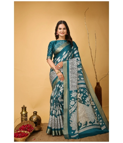 Generic Women's Soft Handloom Cotton Kalamkari Printed Saree With Unstitched Blouse 5.5Mtr (Turquoise)