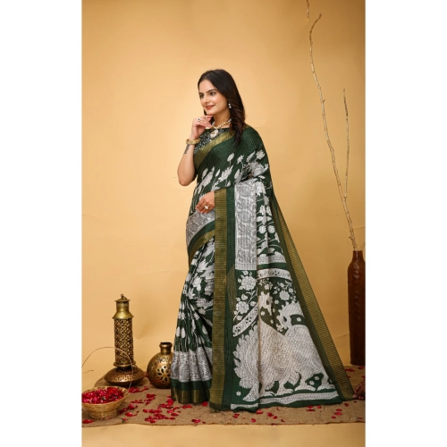 Women's Soft Handloom Cotton Kalamkari Printed Saree With Unstitched Blouse 5.5Mtr (Green) Women's Soft Handloom Cotton Kalamkari Printed Saree With Unstitched Blouse 5.5Mtr (Green)