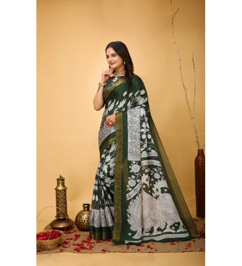 Generic Women's Soft Handloom Cotton Kalamkari Printed Saree With Unstitched Blouse 5.5Mtr (Green)