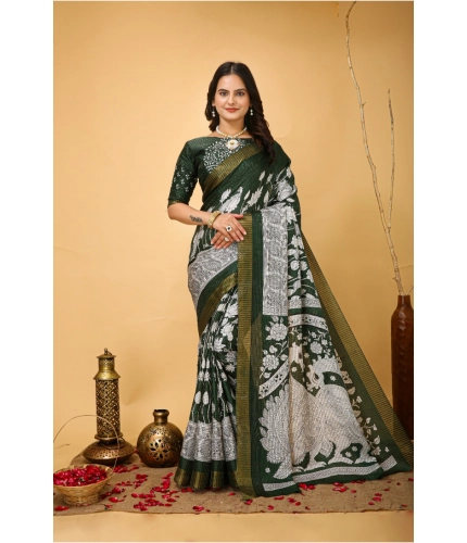Generic Women's Soft Handloom Cotton Kalamkari Printed Saree With Unstitched Blouse 5.5Mtr (Green)