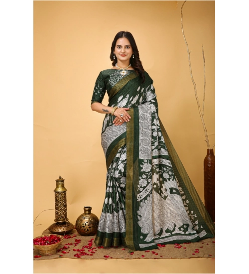 Generic Women's Soft Handloom Cotton Kalamkari Printed Saree With Unstitched Blouse 5.5Mtr (Green)