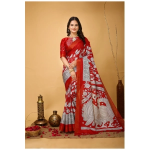Generic Women's Soft Handloom Cotton Kalamkari Printed Saree With Unstitched Blouse 5.5Mtr (Red)