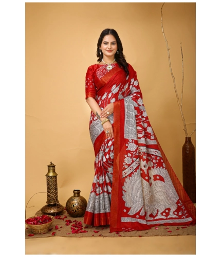 Generic Women's Soft Handloom Cotton Kalamkari Printed Saree With Unstitched Blouse 5.5Mtr (Red)