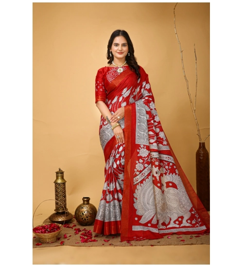 Generic Women's Soft Handloom Cotton Kalamkari Printed Saree With Unstitched Blouse 5.5Mtr (Red)