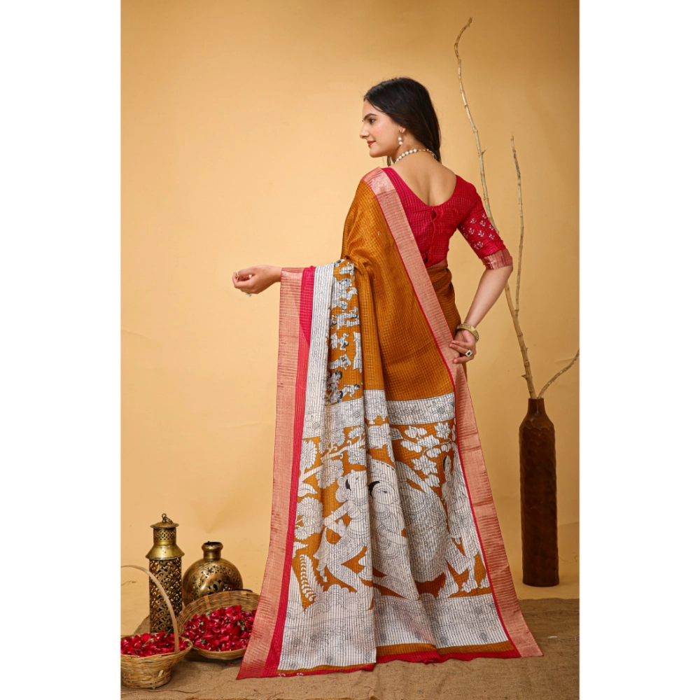 Generic Women's Soft Handloom Cotton Kalamkari Printed Saree With Unstitched Blouse 5.5Mtr (Mustard) Generic Women's Soft Handloom Cotton Kalamkari Printed Saree With Unstitched Blouse 5.5Mtr (Mustard)