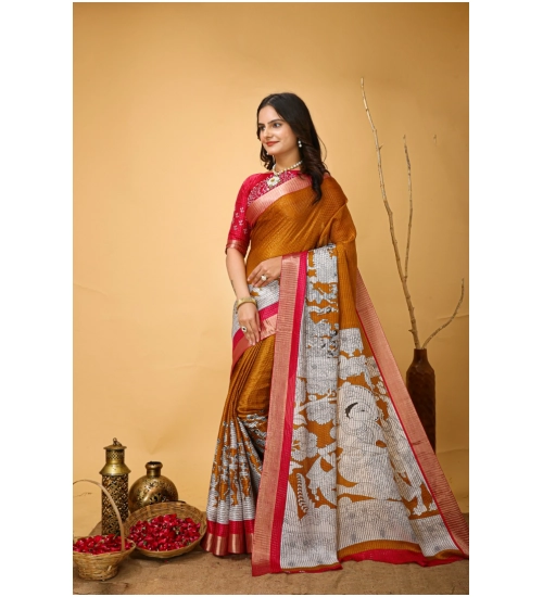Generic Women's Soft Handloom Cotton Kalamkari Printed Saree With Unstitched Blouse 5.5Mtr (Mustard)