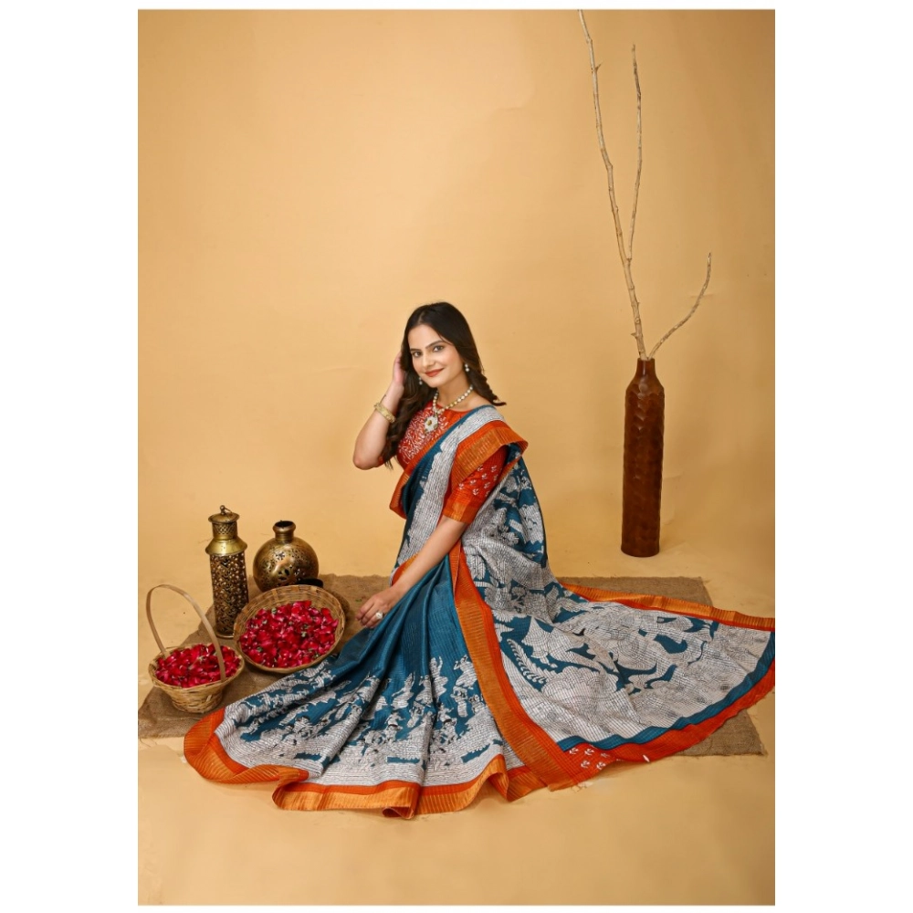 Generic Women's Soft Handloom Cotton Kalamkari Printed Saree With Unstitched Blouse 5.5Mtr (Teal Blue) Generic Women's Soft Handloom Cotton Kalamkari Printed Saree With Unstitched Blouse 5.5Mtr (Teal Blue)