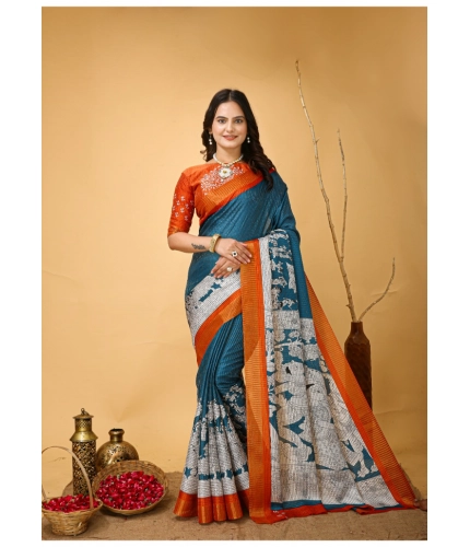 Generic Women's Soft Handloom Cotton Kalamkari Printed Saree With Unstitched Blouse 5.5Mtr (Teal Blue)