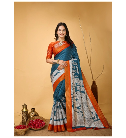 Generic Women's Soft Handloom Cotton Kalamkari Printed Saree With Unstitched Blouse 5.5Mtr (Teal Blue)