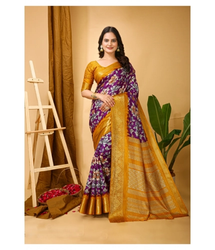 Generic Women's Soft Dola Cotton Kalamkari Printed Saree With Unstitched Blouse 5.5Mtr (Purple)