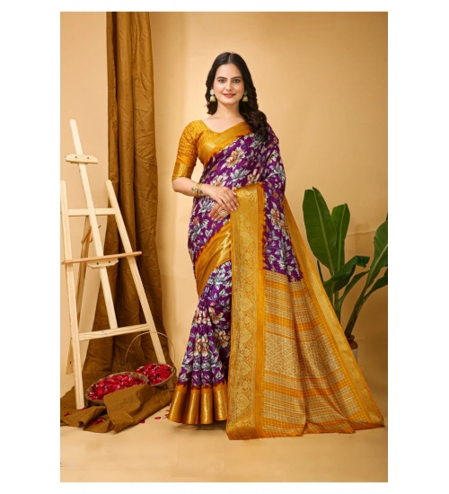 Generic Women's Soft Dola Cotton Kalamkari Printed Saree With Unstitched Blouse 5.5Mtr (Purple)