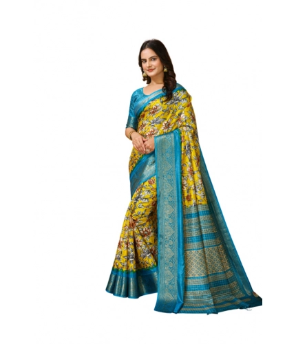 Generic Women's Soft Dola Cotton Kalamkari Printed Saree With Unstitched Blouse 5.5Mtr (Yellow)
