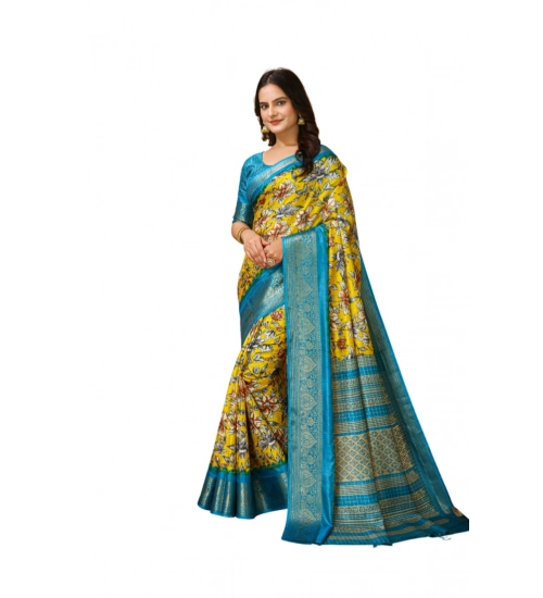 Generic Women's Soft Dola Cotton Kalamkari Printed Saree With Unstitched Blouse 5.5Mtr (Yellow)