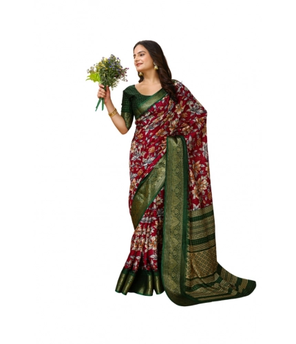 Generic Women's Soft Dola Cotton Kalamkari Printed Saree With Unstitched Blouse 5.5Mtr (Maroon)