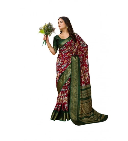 Generic Women's Soft Dola Cotton Kalamkari Printed Saree With Unstitched Blouse 5.5Mtr (Maroon)
