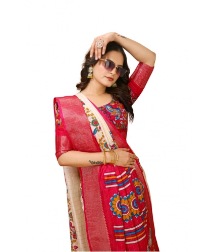 Generic Women's Soft Dola Cotton Kalamkari Printed Saree With Unstitched Blouse 5.5Mtr (Red)