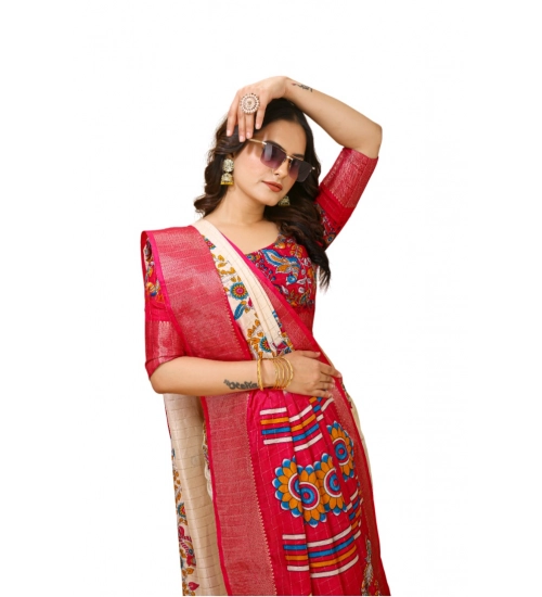 Generic Women's Soft Dola Cotton Kalamkari Printed Saree With Unstitched Blouse 5.5Mtr (Red)