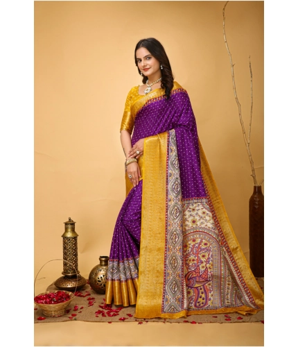 Generic Women's Soft Dola Cotton Kalamkari Printed Saree With Unstitched Blouse 5.5Mtr (Purple)